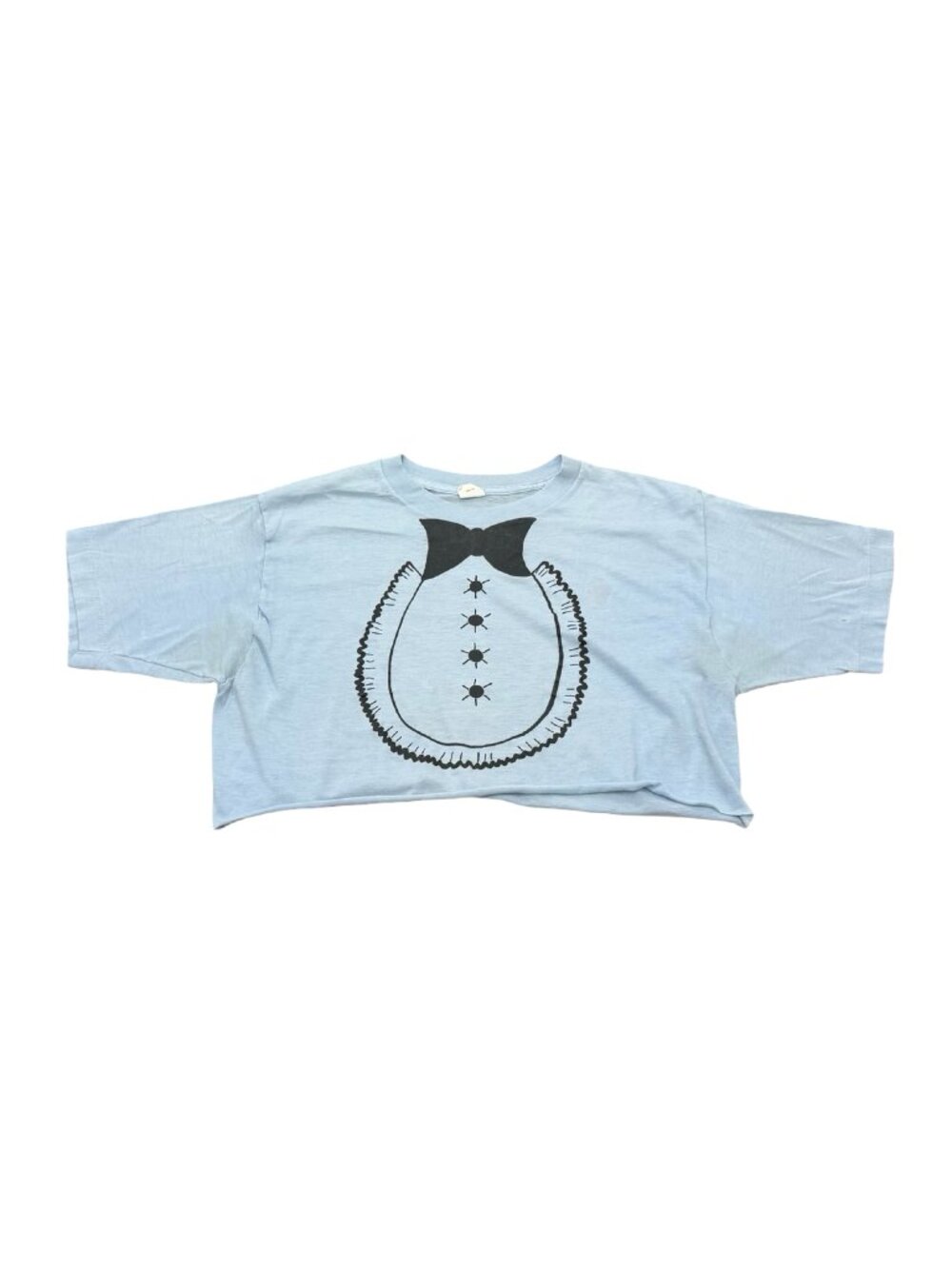 Vintage 70s Tuxedo Print Crop Tee USA Single Stitch Light Blue Ringer Style